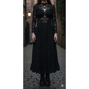 Vintage Chico’s 100% Silk Sequin Ruffle Maxi Skirt Whimsigoth Boho Black Large